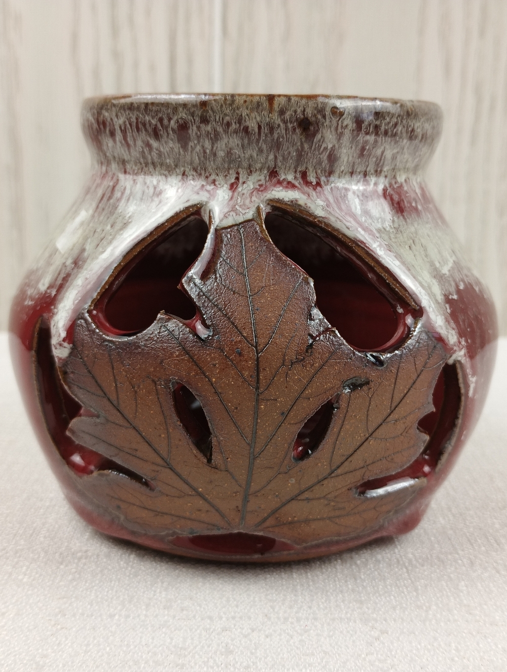 Alewine Pottery Luminary Leaf Cutout Handcrafted Candleholder red/brown